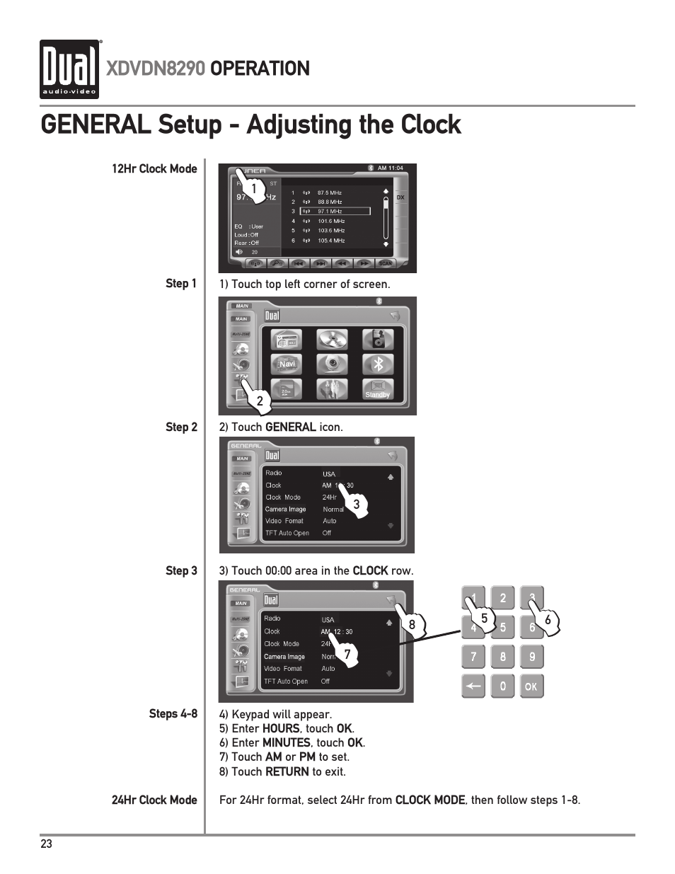 General setup - adjusting the clock | Dual XDVDN8290 User Manual | Page 24 / 93