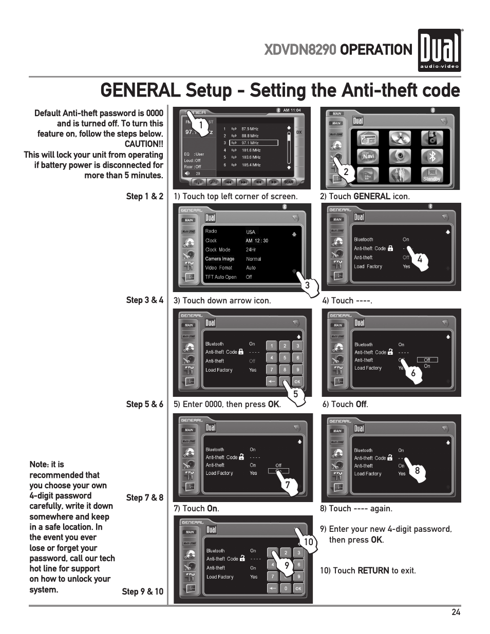 General setup - setting the anti-theft code | Dual XDVDN8290 User Manual | Page 25 / 93