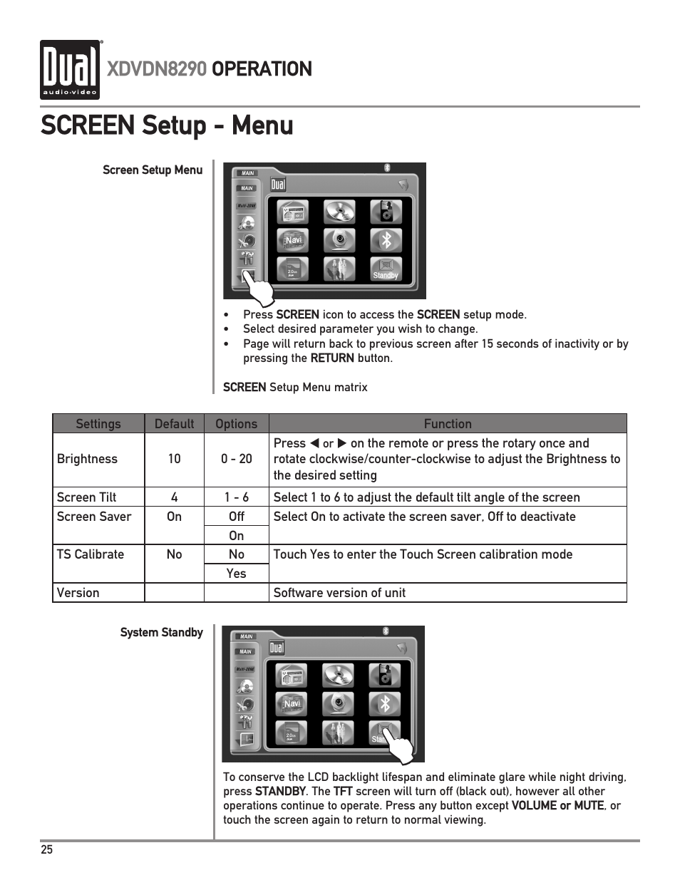 Screen setup - menu, Xdvdn8290 operation | Dual XDVDN8290 User Manual | Page 26 / 93