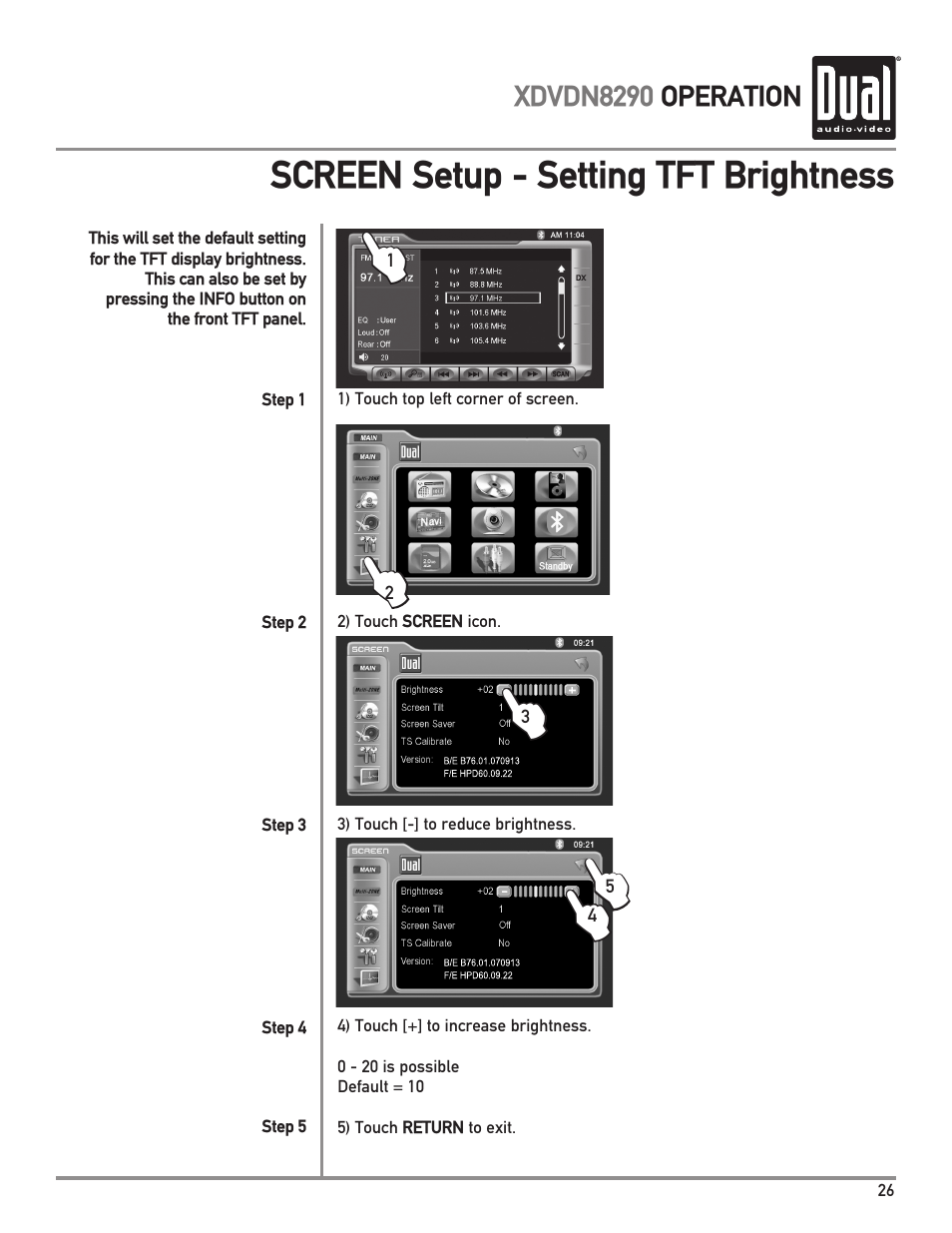 Screen setup - setting tft brightness | Dual XDVDN8290 User Manual | Page 27 / 93