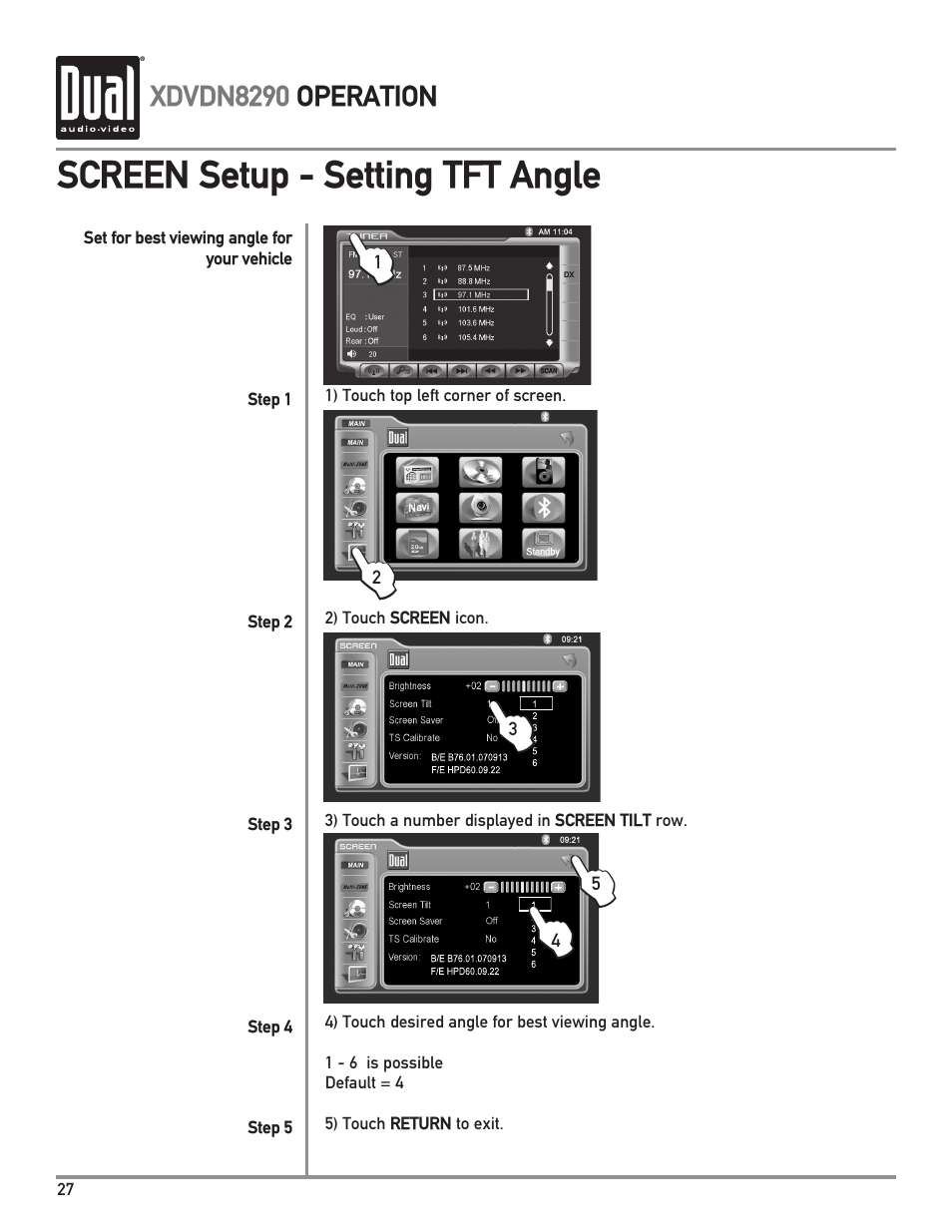 Screen setup - setting tft angle | Dual XDVDN8290 User Manual | Page 28 / 93