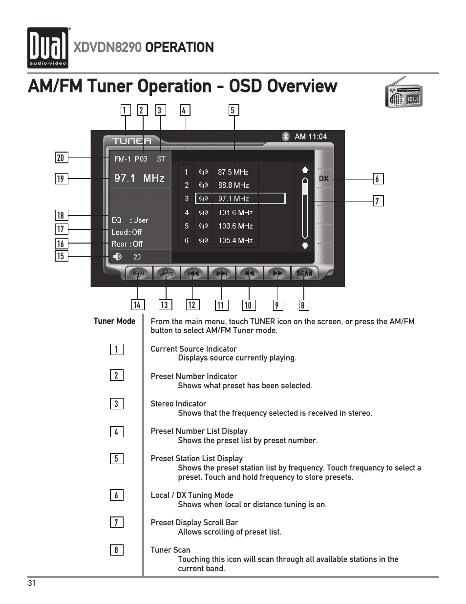 Am/fm tuner operation - osd overview, Xdvdn8290 operation | Dual XDVDN8290 User Manual | Page 32 / 93