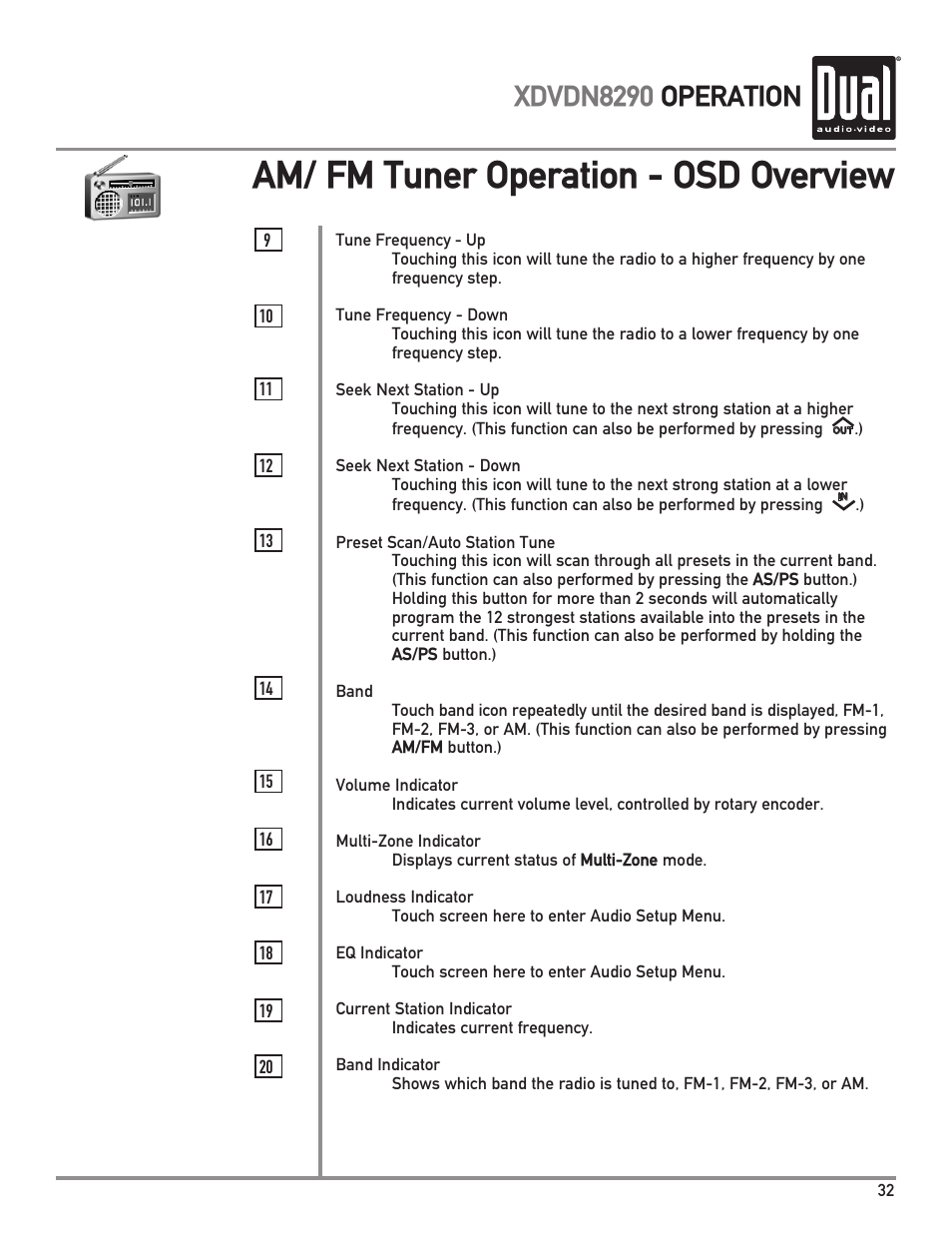 Am/ fm tuner operation - osd overview, Xdvdn8290 operation | Dual XDVDN8290 User Manual | Page 33 / 93