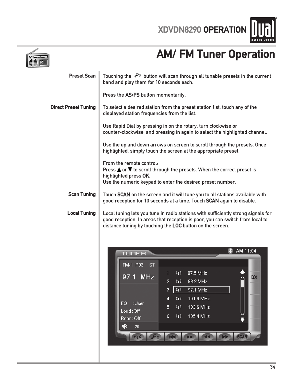 Am/ fm tuner operation, Xdvdn8290 operation | Dual XDVDN8290 User Manual | Page 35 / 93