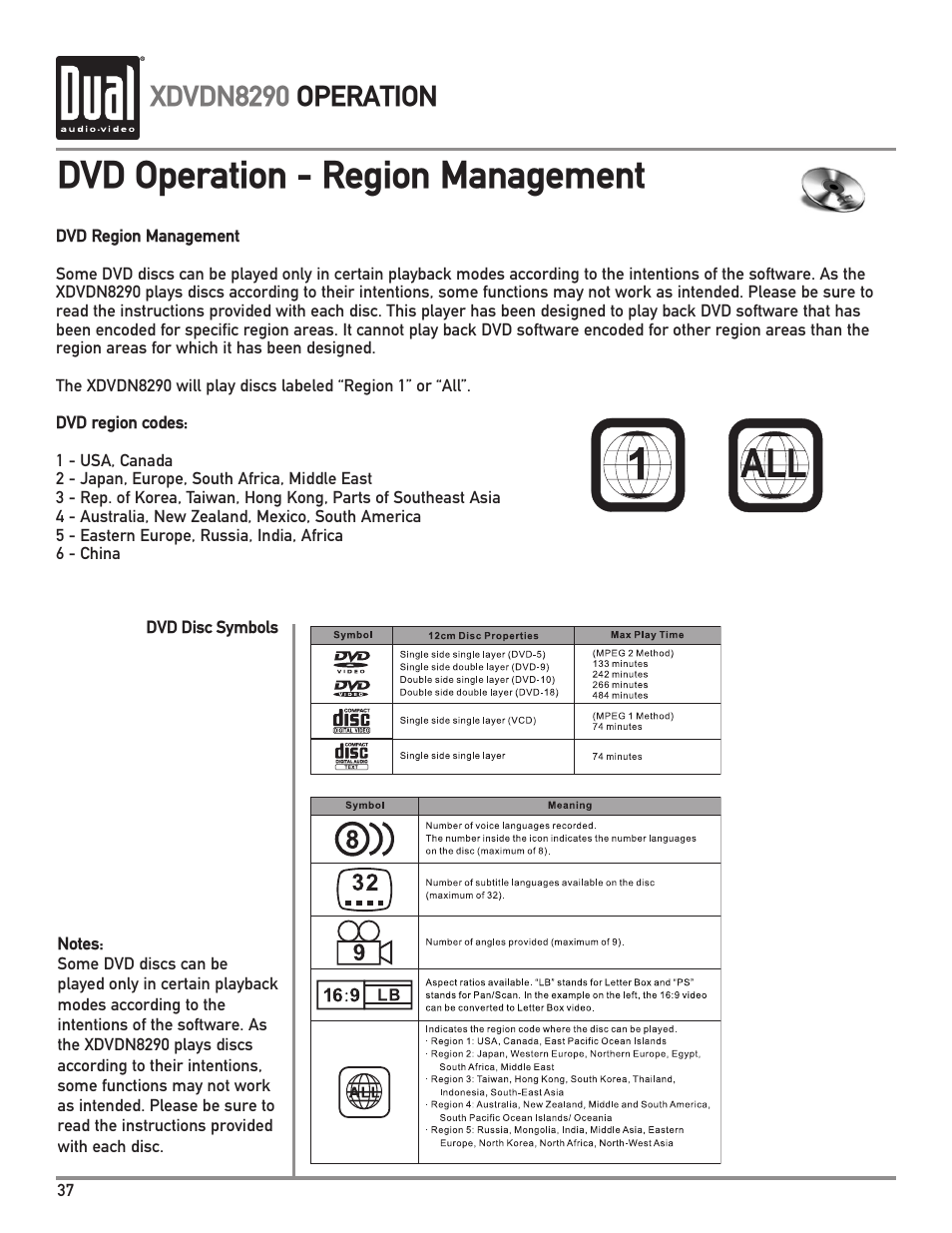 Dvd operation - region management, Xdvdn8290 operation | Dual XDVDN8290 User Manual | Page 38 / 93