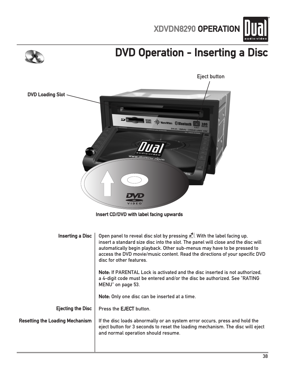 Dvd operation - inserting a disc, Xdvdn8290 operation | Dual XDVDN8290 User Manual | Page 39 / 93