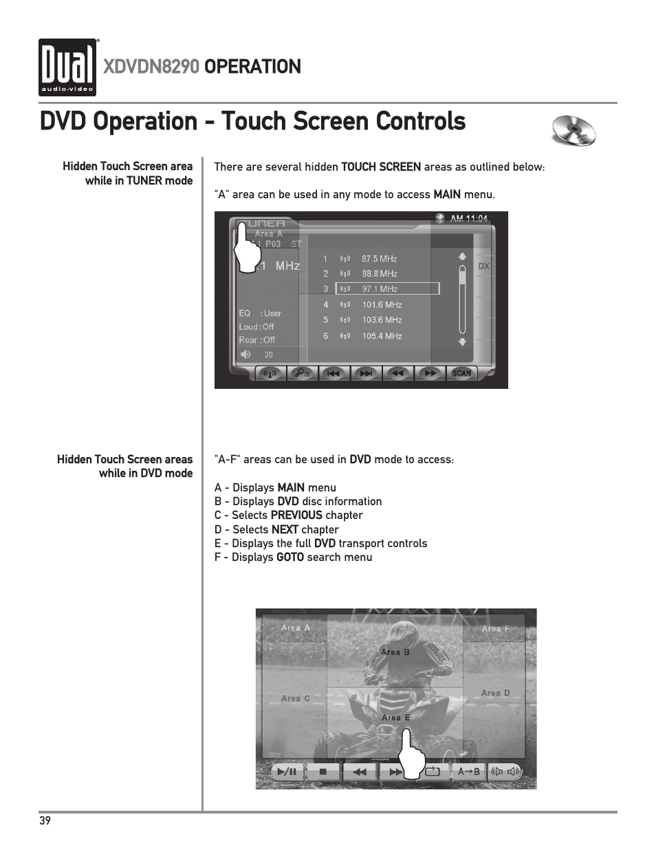 Dvd operation - touch screen controls | Dual XDVDN8290 User Manual | Page 40 / 93