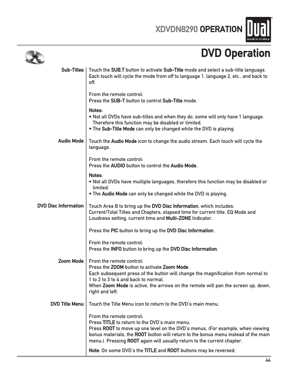 Dvd operation, Xdvdn8290 operation | Dual XDVDN8290 User Manual | Page 45 / 93