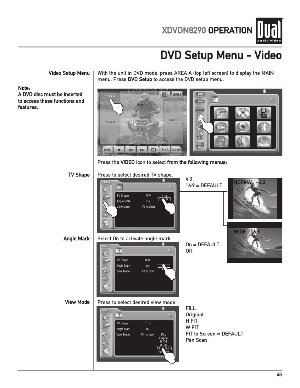Dvd setup menu - video | Dual XDVDN8290 User Manual | Page 49 / 93