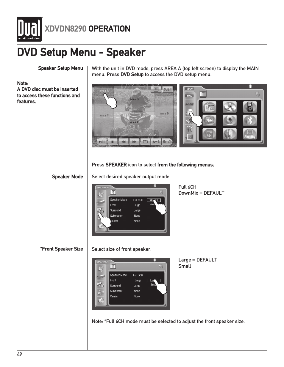 Dvd setup menu - speaker | Dual XDVDN8290 User Manual | Page 50 / 93