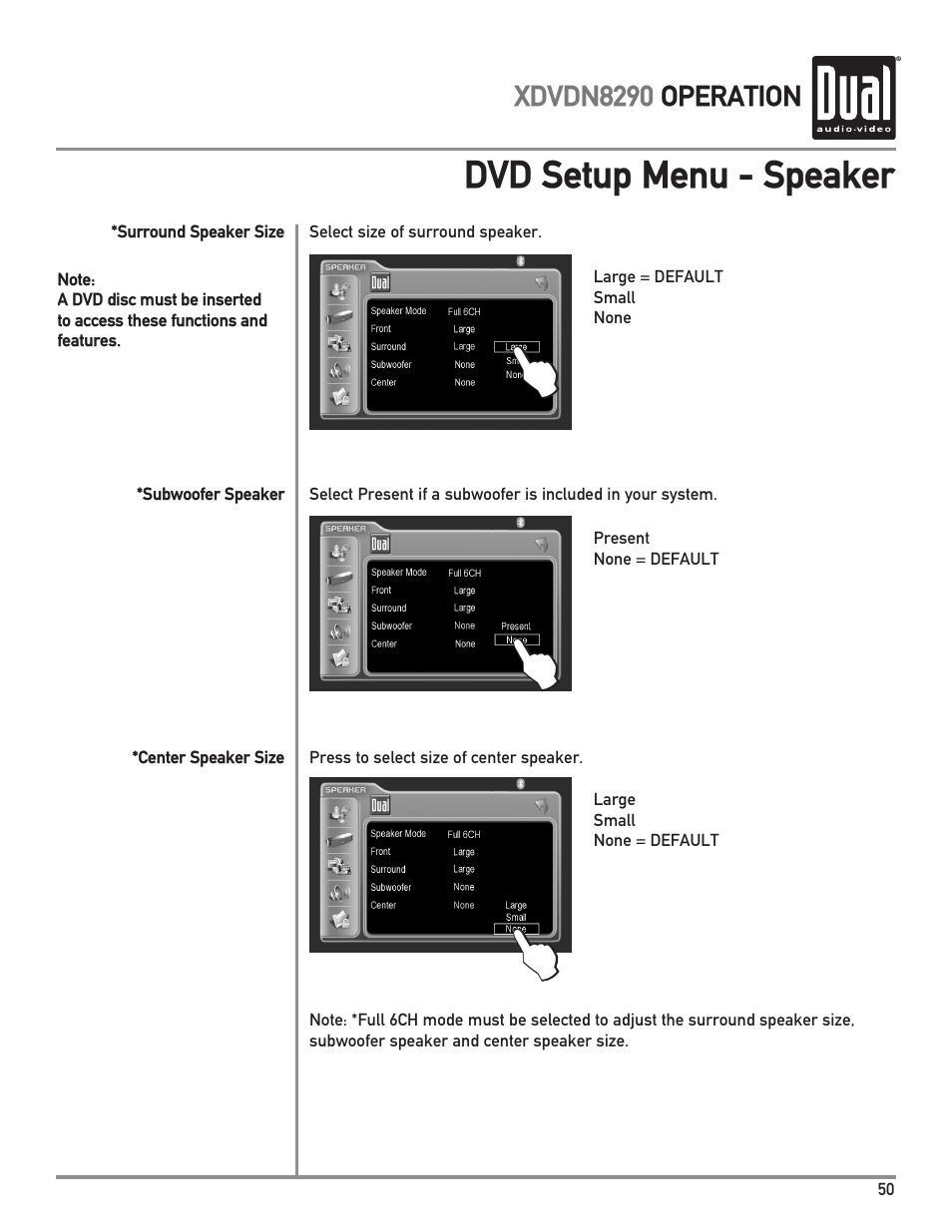 Dvd setup menu - speaker | Dual XDVDN8290 User Manual | Page 51 / 93