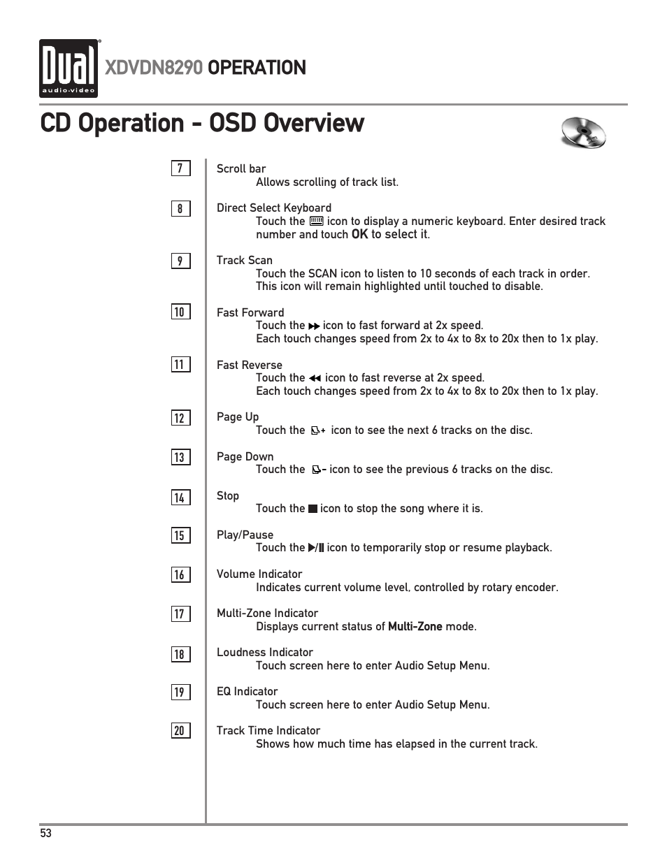 Cd operation - osd overview, Xdvdn8290 operation | Dual XDVDN8290 User Manual | Page 54 / 93