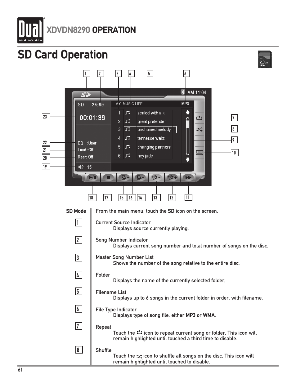 Sd card operation, Xdvdn8290 operation | Dual XDVDN8290 User Manual | Page 62 / 93