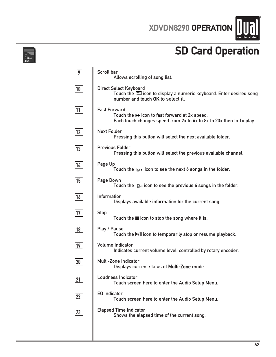 Sd card operation, Xdvdn8290 operation | Dual XDVDN8290 User Manual | Page 63 / 93