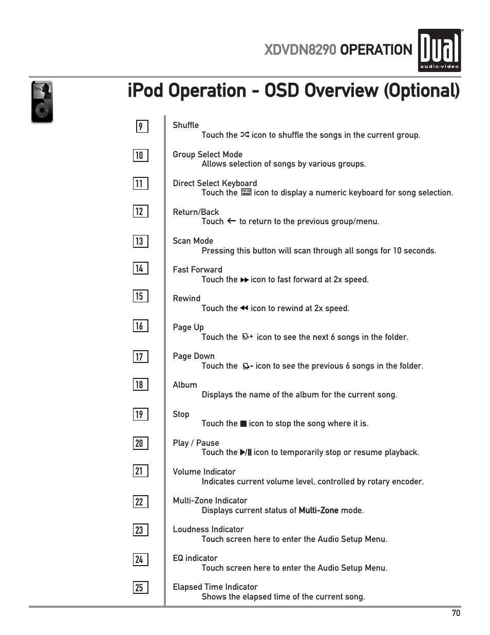 Ipod operation - osd overview (optional), Xdvdn8290 operation | Dual XDVDN8290 User Manual | Page 71 / 93