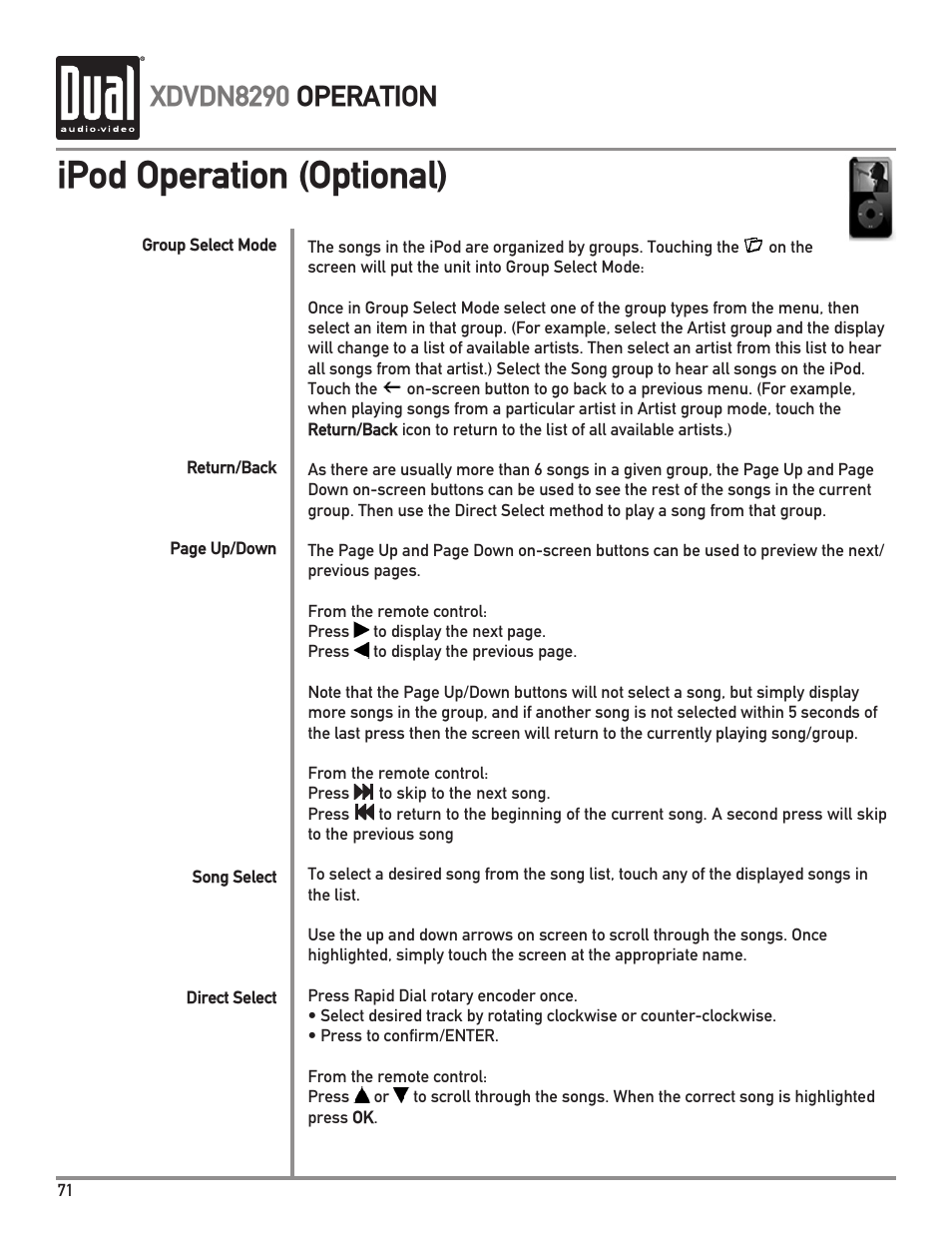 Ipod operation (optional), Xdvdn8290 operation | Dual XDVDN8290 User Manual | Page 72 / 93