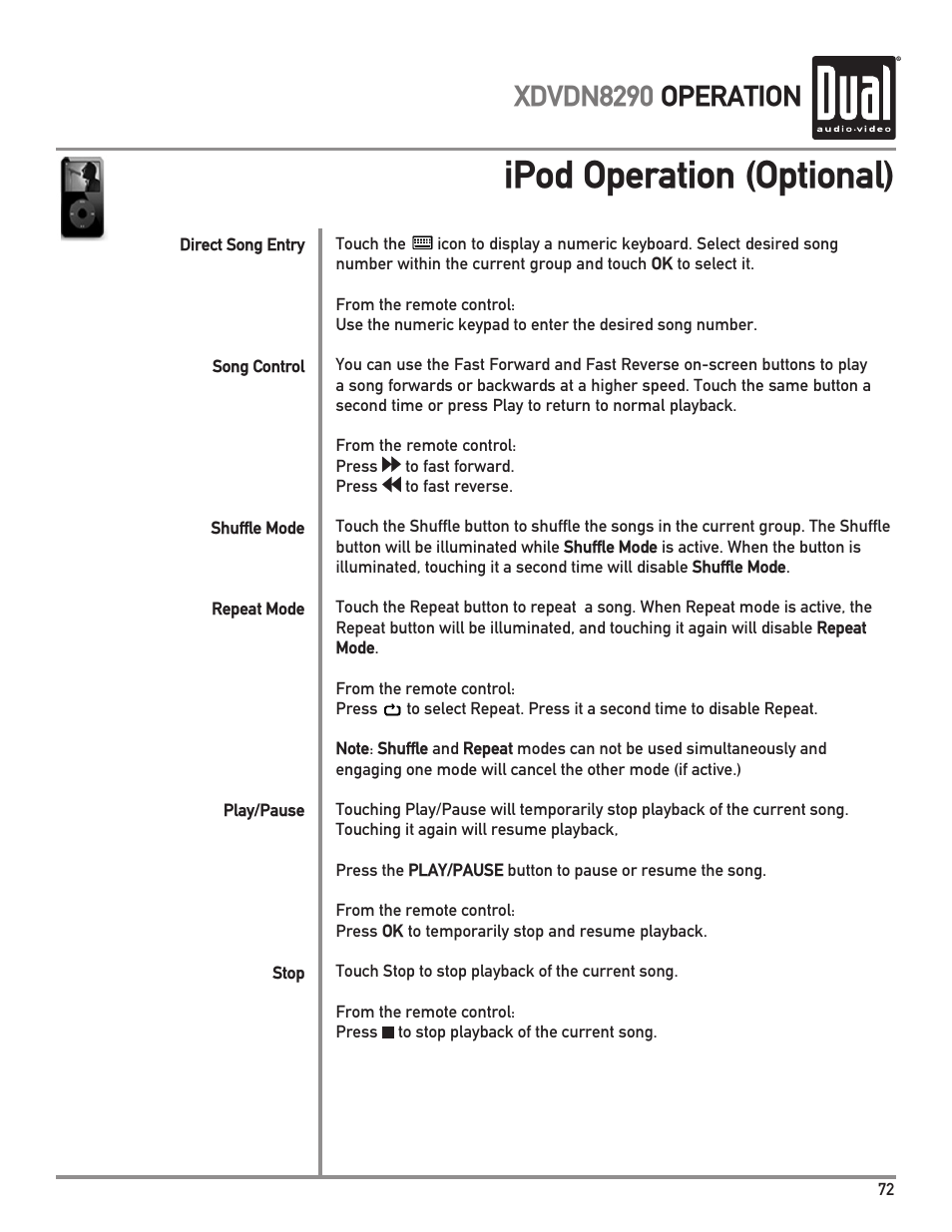 Ipod operation (optional), Xdvdn8290 operation | Dual XDVDN8290 User Manual | Page 73 / 93