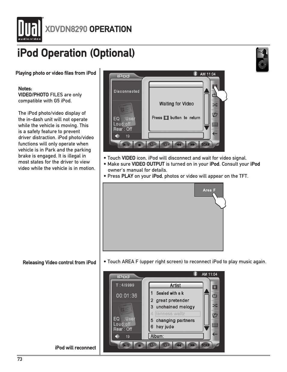 Ipod operation (optional) | Dual XDVDN8290 User Manual | Page 74 / 93