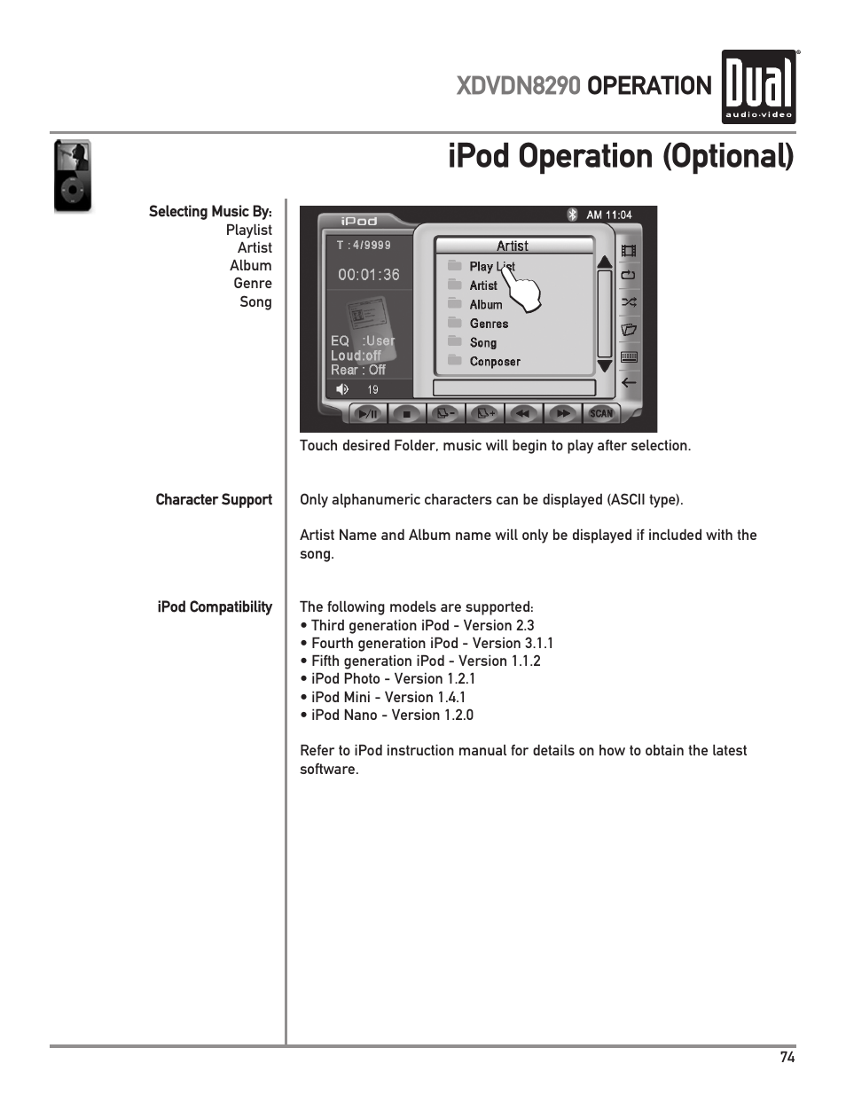 Ipod operation (optional), Xdvdn8290 operation | Dual XDVDN8290 User Manual | Page 75 / 93
