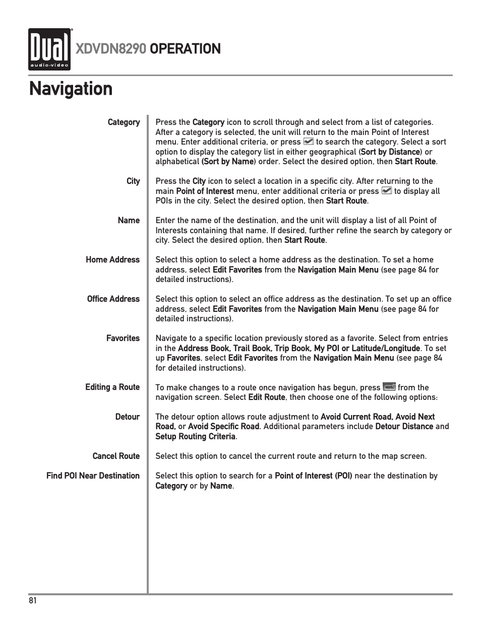 Navigation, Xdvdn8290 operation | Dual XDVDN8290 User Manual | Page 82 / 93