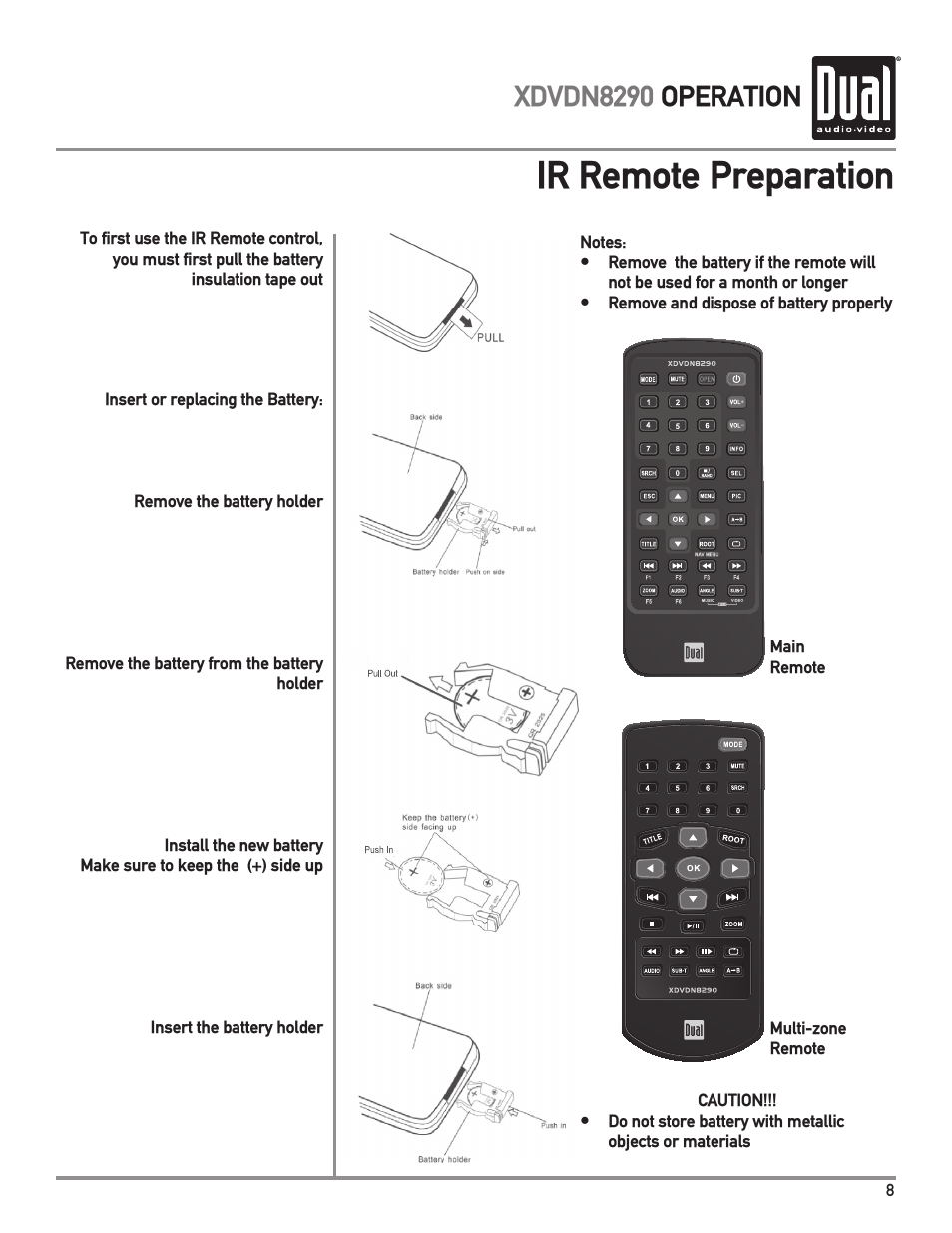 Ir remote preparation, Xdvdn8290 operation | Dual XDVDN8290 User Manual | Page 9 / 93