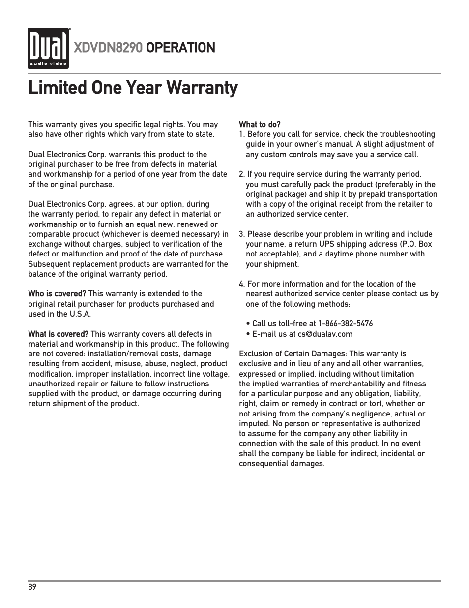 Limited one year warranty, Xdvdn8290 operation | Dual XDVDN8290 User Manual | Page 90 / 93