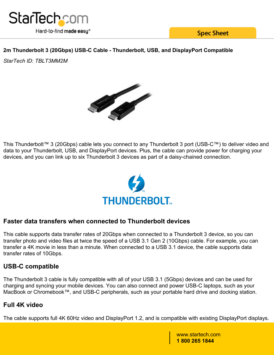 StarTech.com Thunderbolt 3 USB Type-C Male Cable (6.6', 20 Gbps) User Manual | 4 pages