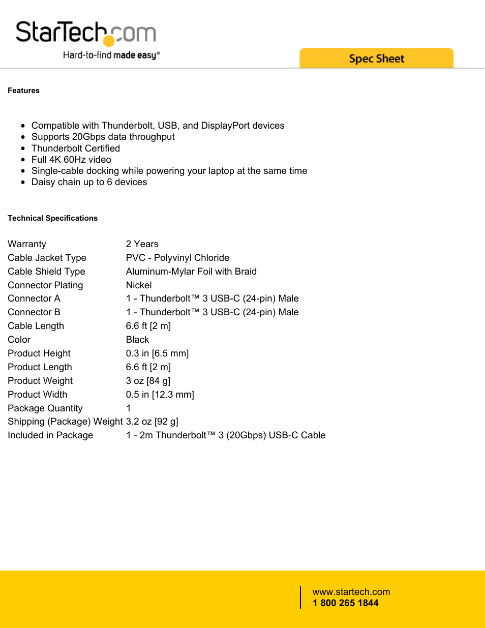 StarTech.com Thunderbolt 3 USB Type-C Male Cable (6.6', 20 Gbps) User Manual | Page 3 / 4