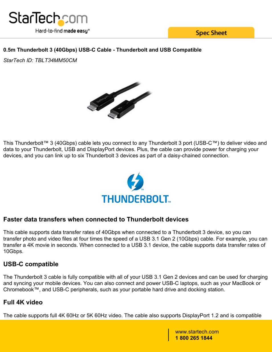 StarTech.com Thunderbolt 3 USB Type-C Male Cable (1.6', 40 Gbps) User Manual | 3 pages