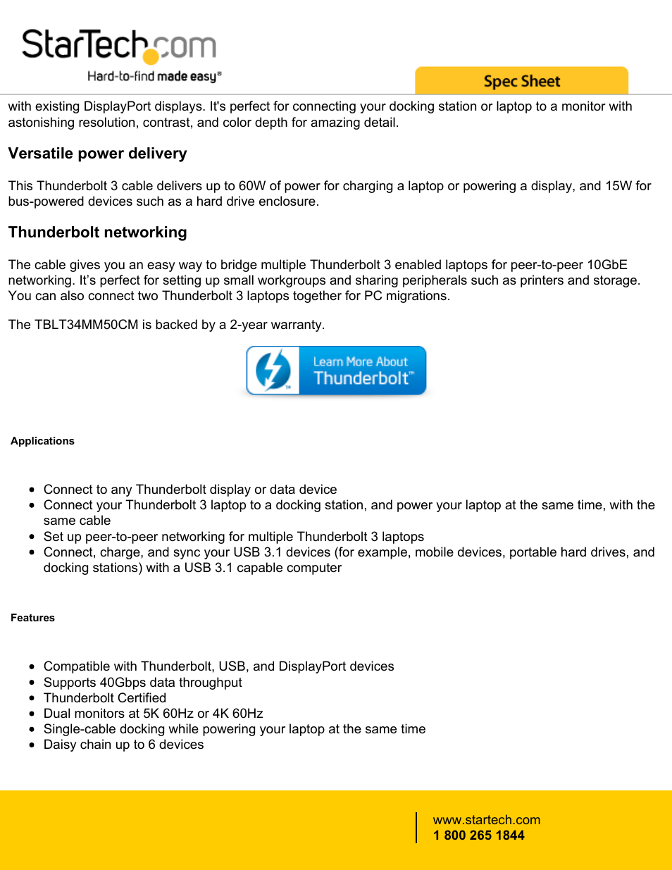 Versatile power delivery, Thunderbolt networking | StarTech.com Thunderbolt 3 USB Type-C Male Cable (1.6', 40 Gbps) User Manual | Page 2 / 3