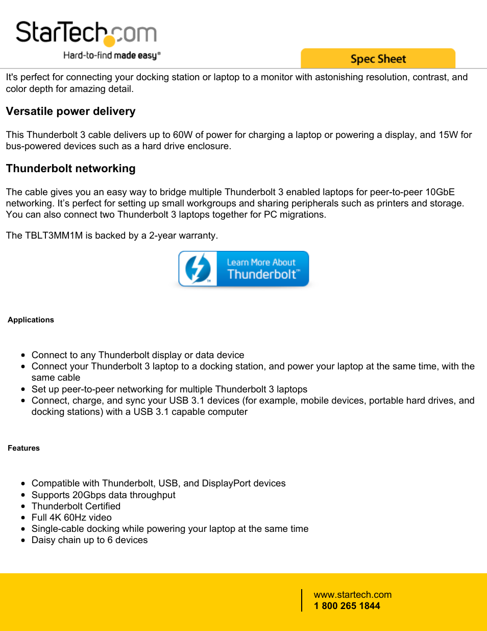 Versatile power delivery, Thunderbolt networking | StarTech.com Thunderbolt 3 USB Type-C Male Cable (3.3', 20 Gbps) User Manual | Page 2 / 3