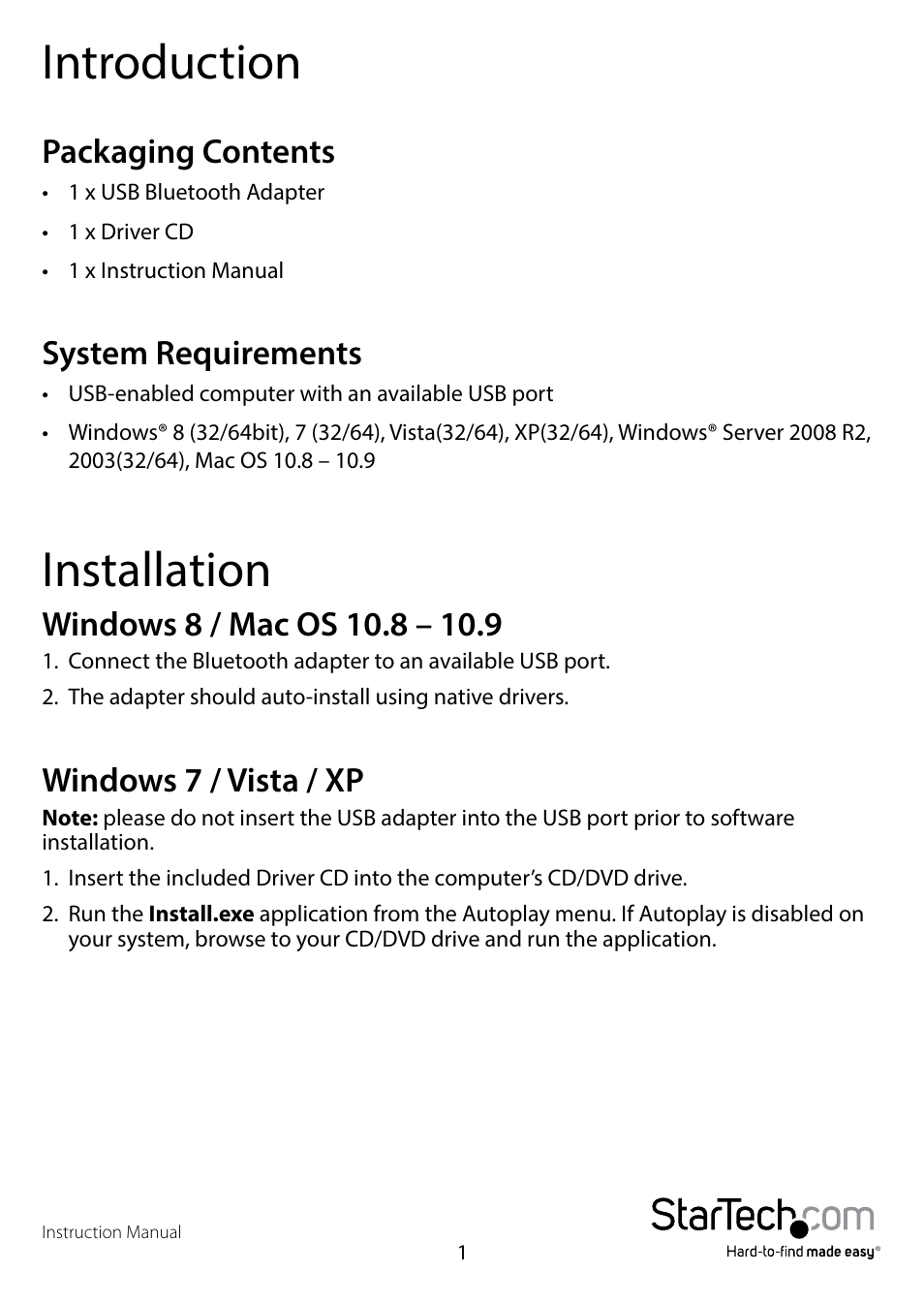 Introduction, Packaging contents, System requirements | Installation, Windows 8 / mac os 10.8 – 10.9, Windows 7 / vista / xp, Packaging contents system requirements | StarTech.com Mini USB Bluetooth 4.0 Adapter User Manual | Page 5 / 11