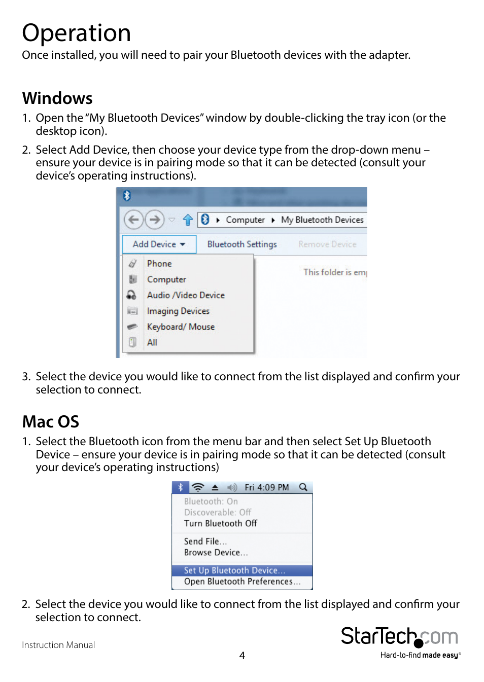 Operation, Windows, Mac os | Windows mac os | StarTech.com Mini USB Bluetooth 4.0 Adapter User Manual | Page 8 / 11