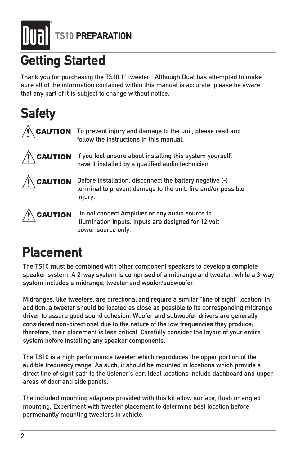 Getting started safety, Placement | Dual ILLUMINITE TS10 User Manual | Page 2 / 4