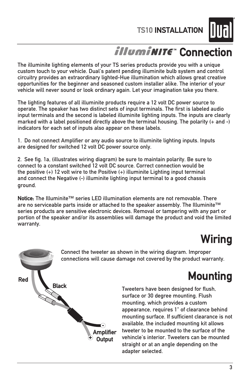 Mounting wiring, Connection, Ts10 installation | Dual ILLUMINITE TS10 User Manual | Page 3 / 4