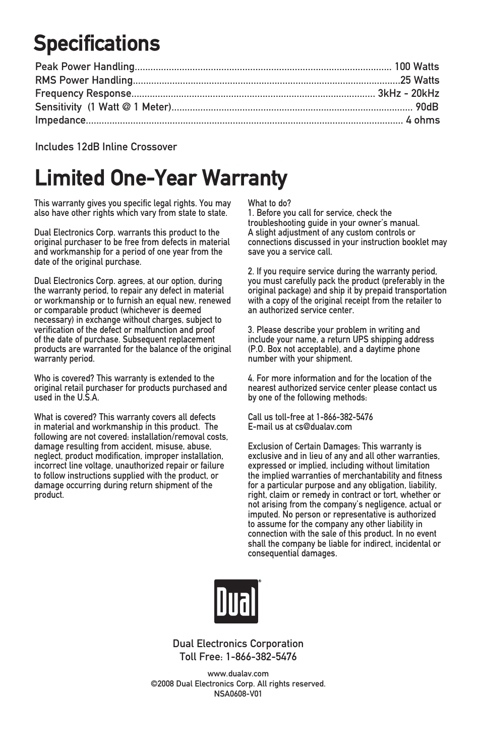 Limited one-year warranty, Specifications | Dual ILLUMINITE TS10 User Manual | Page 4 / 4