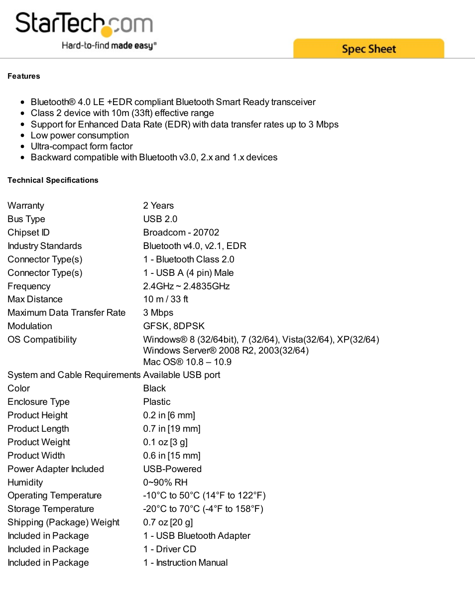 StarTech.com Mini USB Bluetooth 4.0 Adapter User Manual | Page 2 / 3