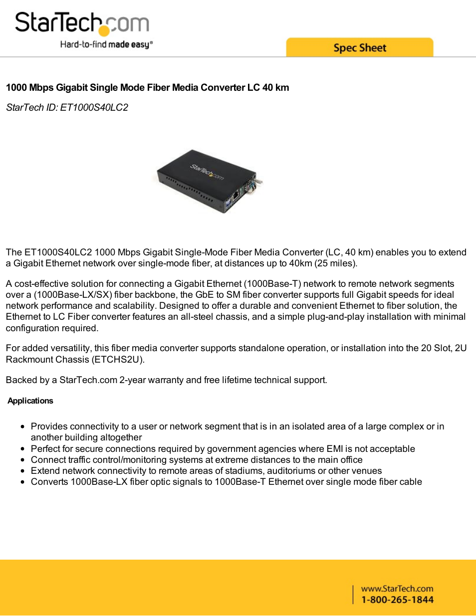 StarTech.com ET1000S40LC2 1000 Mb/s Gigabit Single Mode Fiber Media Converter (Black) User Manual | 4 pages