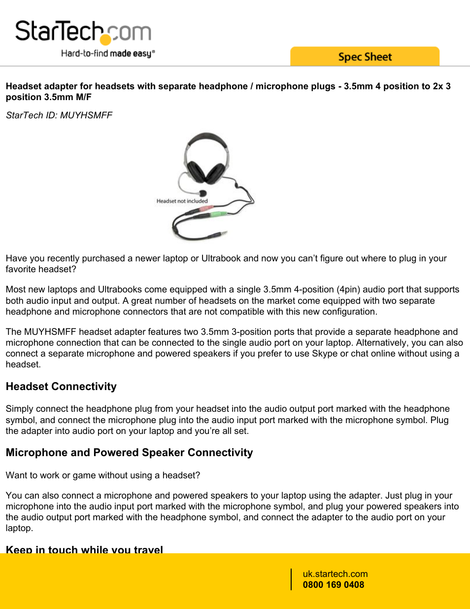 StarTech.com Headset Adapter User Manual | 3 pages