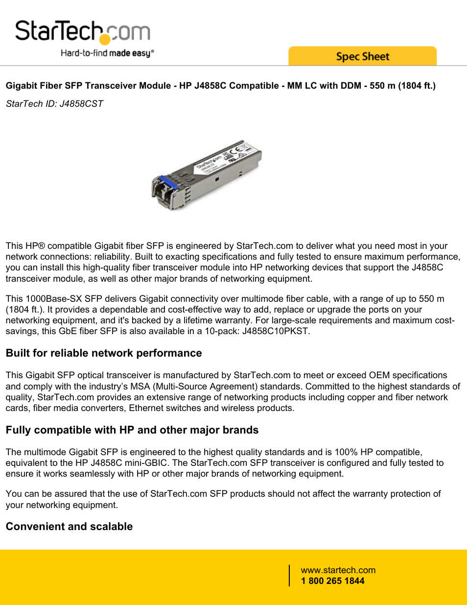 StarTech.com Gigabit Fiber SFP Transceiver Module - HP J4858C Compatible (Up to 1804') User Manual | 4 pages