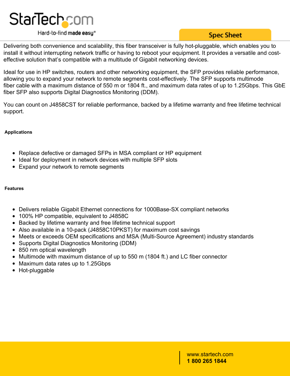 StarTech.com Gigabit Fiber SFP Transceiver Module - HP J4858C Compatible (Up to 1804') User Manual | Page 2 / 4