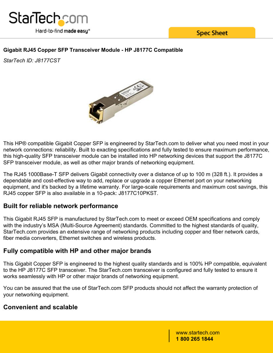 StarTech.com Gigabit RJ45 Copper SFP Transceiver Module - HP J8177C Compatible User Manual | 3 pages