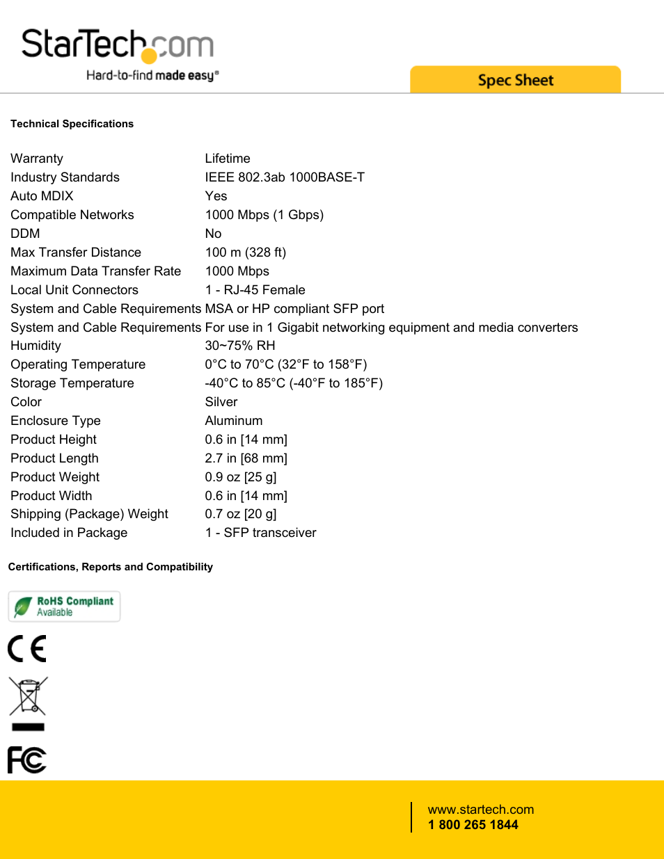 StarTech.com Gigabit RJ45 Copper SFP Transceiver Module - HP J8177C Compatible User Manual | Page 3 / 3