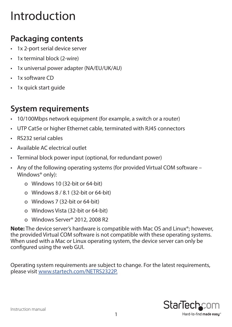 Introduction, Packaging contents, System requirements | StarTech.com NETRS2322P 2-Port Serial-to-IP Ethernet Device Server User Manual | Page 4 / 10