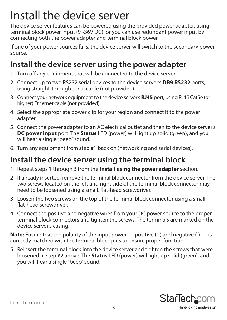 Install the device server, Install the device server using the power adapter, Install the device server using the terminal block | StarTech.com NETRS2322P 2-Port Serial-to-IP Ethernet Device Server User Manual | Page 6 / 10