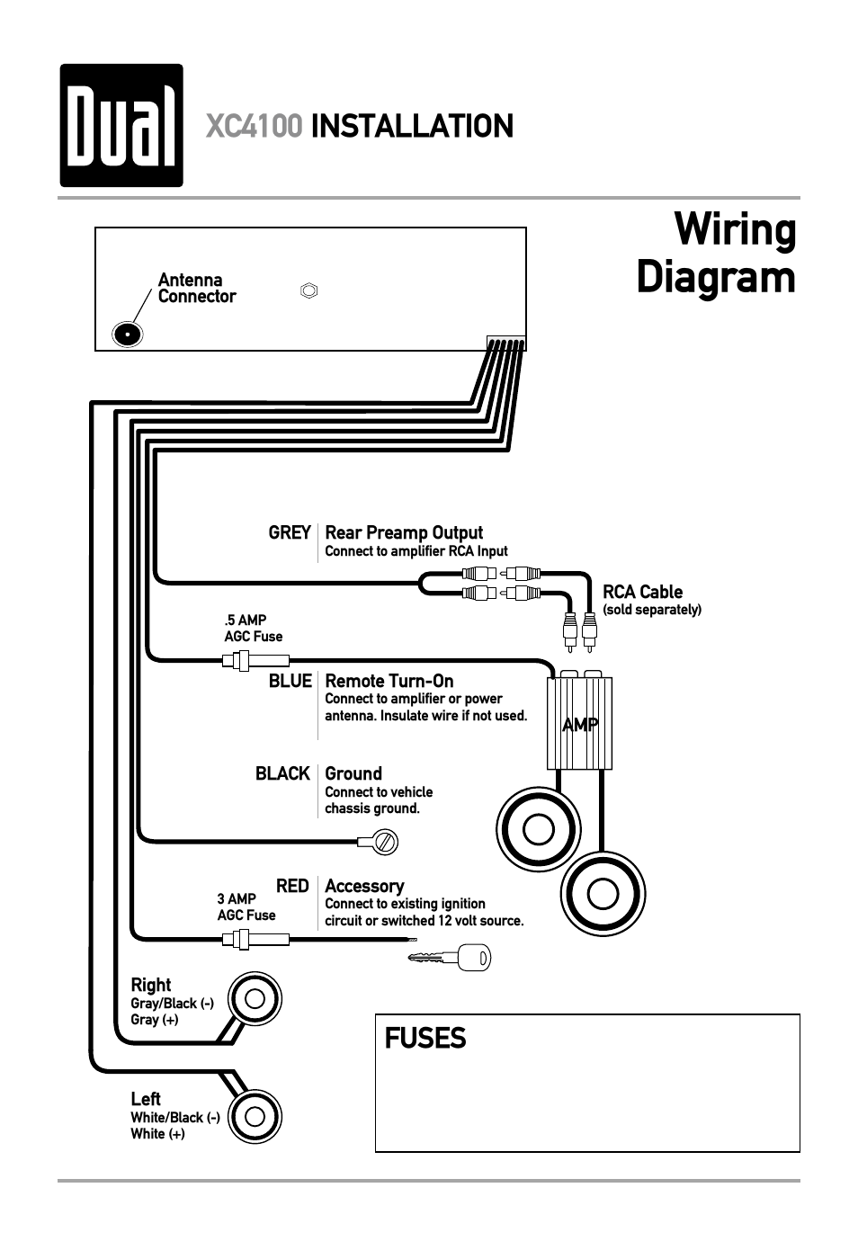 Wiring diagram, Xc4100 installation, Fuses | Dual XC4100 User Manual | Page 4 / 8