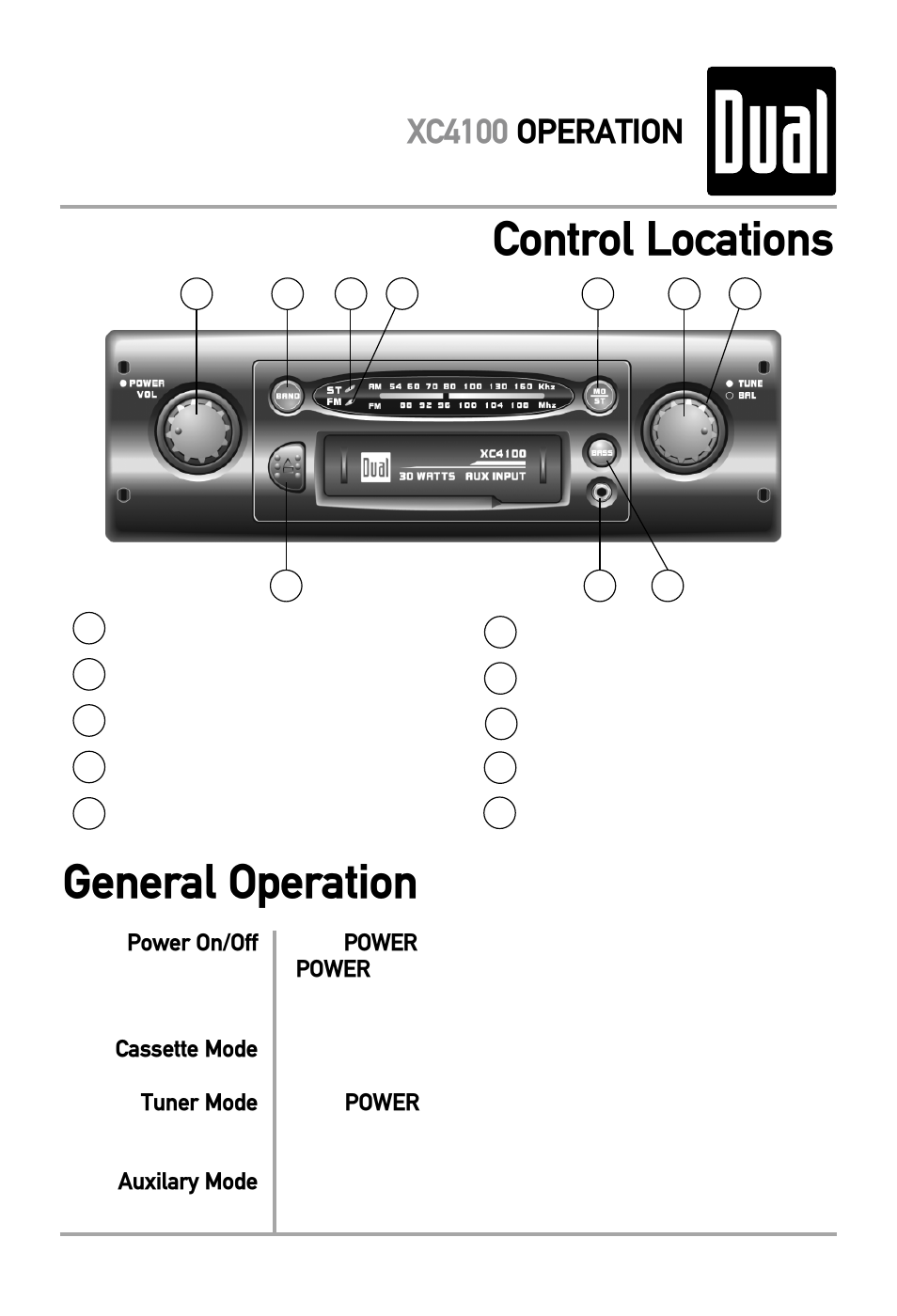 Control locations, General operation, Xc4100 operation | Dual XC4100 User Manual | Page 5 / 8