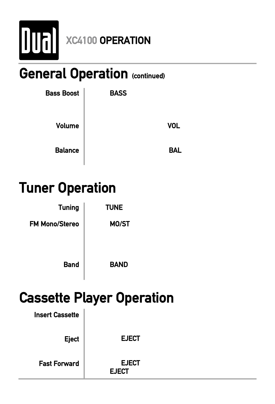 General operation, Cassette player operation, Tuner operation | Xc4100 operation | Dual XC4100 User Manual | Page 6 / 8