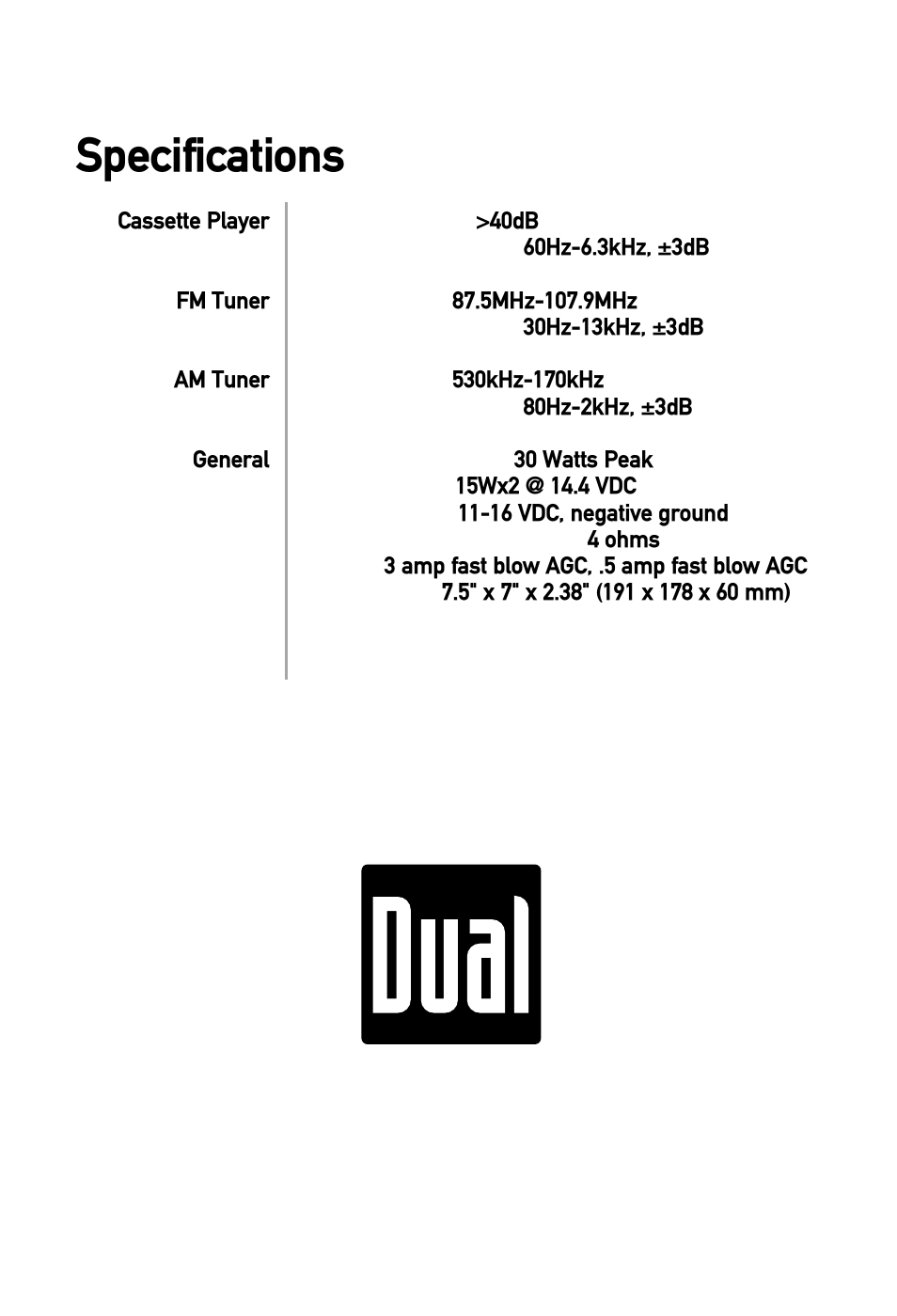 Specifications | Dual XC4100 User Manual | Page 8 / 8