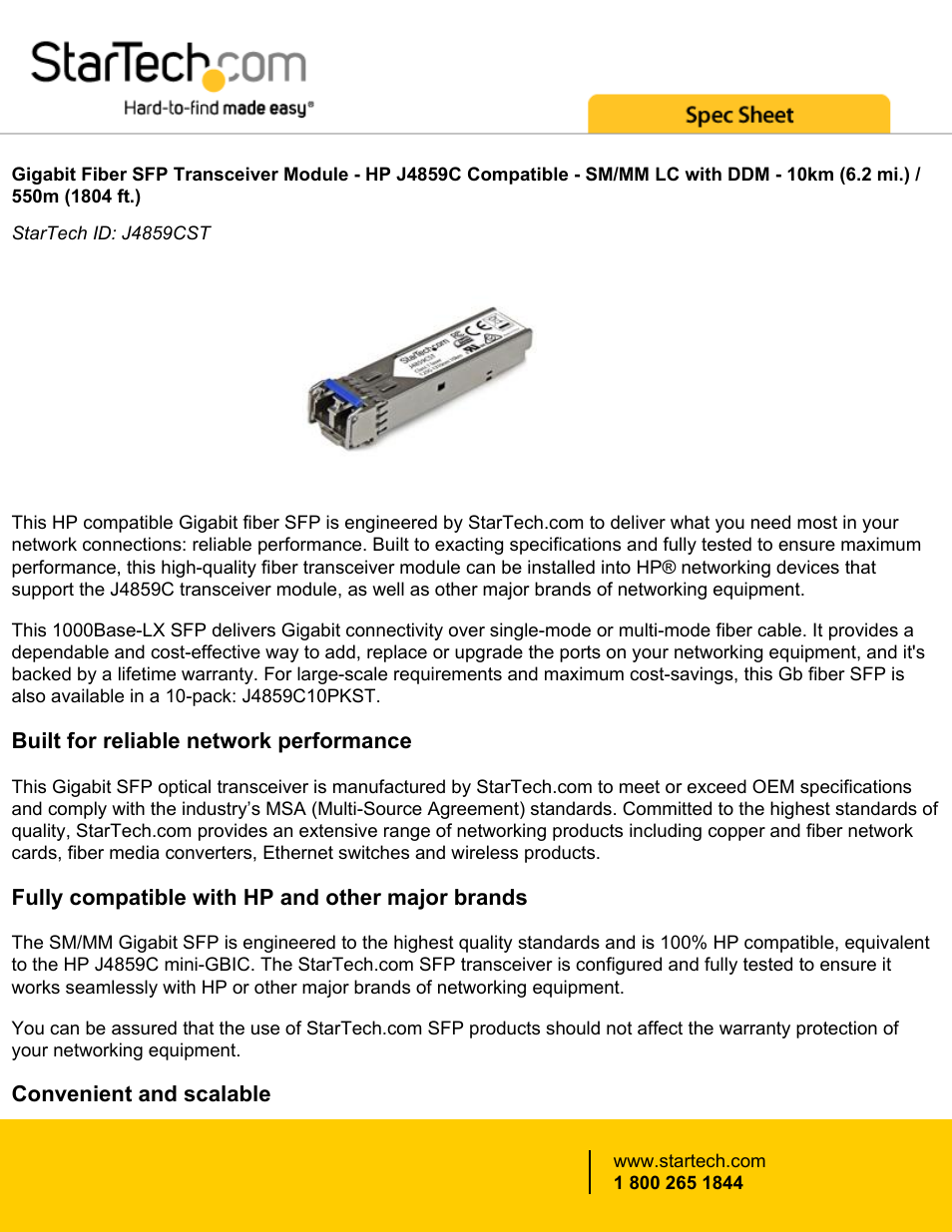 StarTech.com Gigabit Fiber SFP SM/MM LC with DDM Transceiver Module - HP J4859C Compatible (Up to 6.2 mi) User Manual | 4 pages